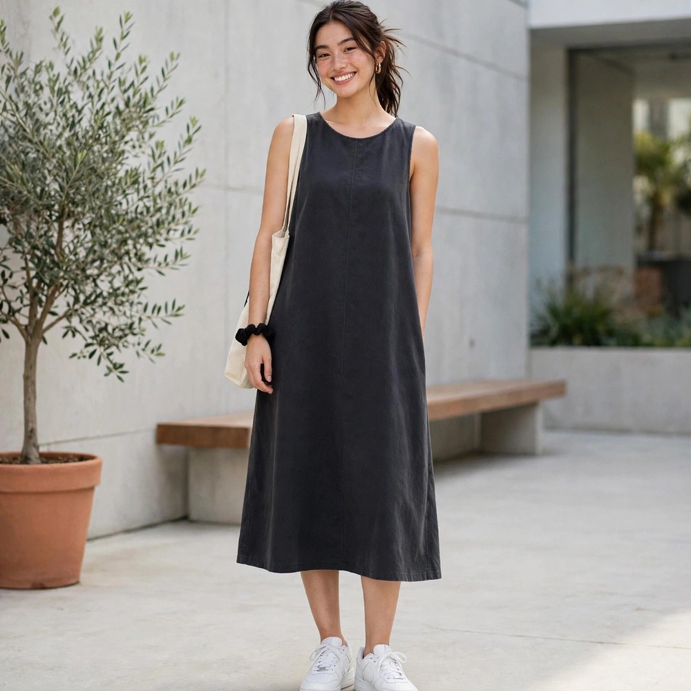 Athleta Black‎ Sleeveless Mock Neck Shift Dress Back Zip Tech Fabric  M